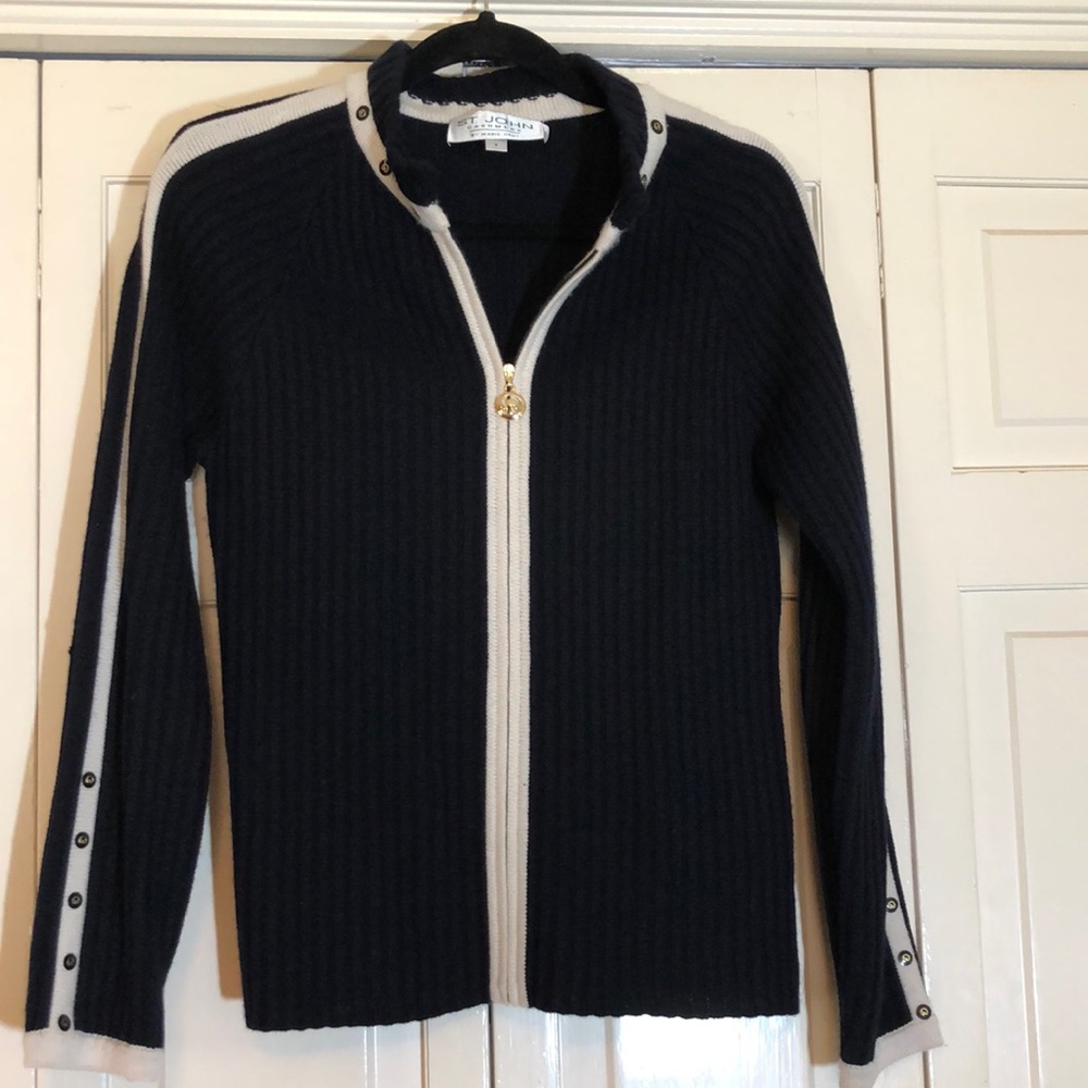 Sr. John Cashmere by Marie Gray Zip Cardigan Stripe Emblem Embellishment SZ S R1